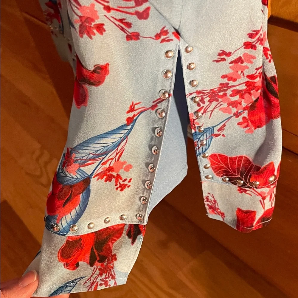 J. Crew Floral Pencil Skirt in Light Blue with Red and silver studs at hem. - Picture 2 of 5